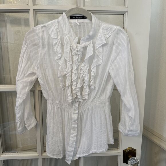 White Gauze Ruffle Front Button Up Blouse Juniors M Roll Tab Sleeve - Picture 2 of 9